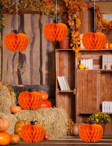 12 Pcs Fall Pumpkin Honeycomb Paper Decorations, Thanksgiving Pumpkins Table Centerpieces Hanging Pumpkin Honeycomb Tissue Balls for Halloween Thanksgiving Harvest Party Decor