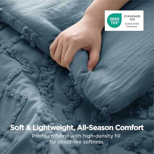 Bedsure Tufted Boho Comforter Set Twin Size - Dusty Blue Boho Bed Set, GentleSoft™ 2 Pieces Farmhouse-Style Embroidery