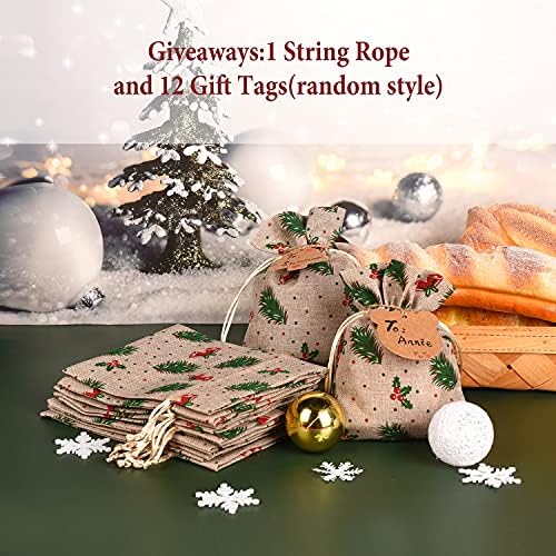 XCFWin 12 Pack Of Christmas Gift Bags With Drawstring Reusable Designs For Christmas Party Supplies Favors (pine branch, 13 * 18cm/5 * 7inch)