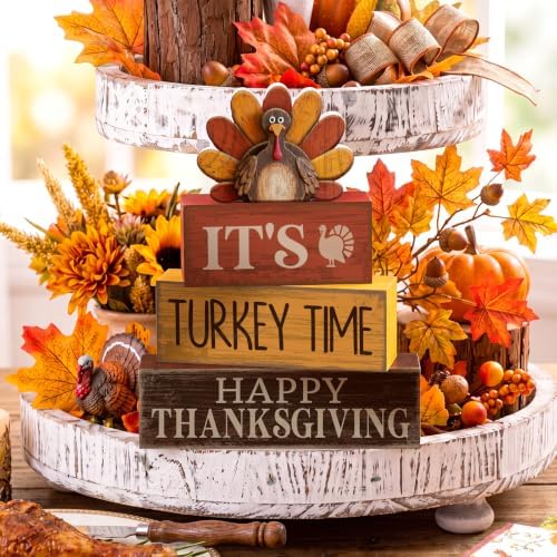 Lineshading 4 Pcs Fall Table Decor, Thanksgiving Turkey Time Wooden Signs