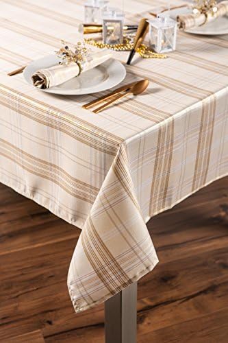 DII Holiday Dining Table & Kitchen Décor Metallic Fabric, Christmas Tablecloth, 60x104, Gold & Cream Plaid