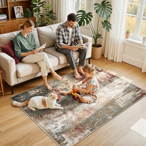 RELEANY Washable 4'x6' Abstract Area Rug for Living Room Rustic Brown