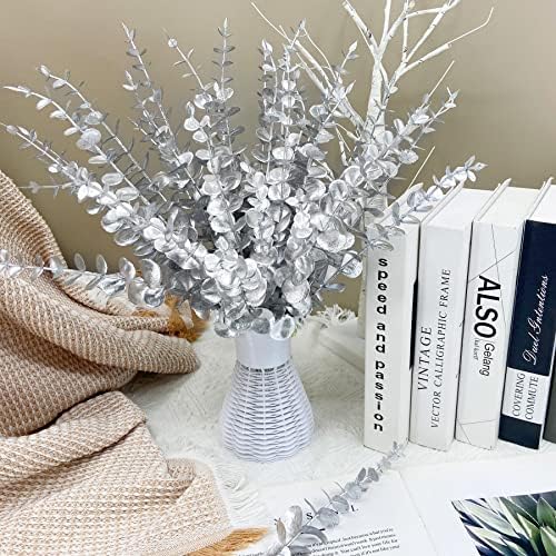 FEQO 36 Pcs Silver Artificial Eucalyptus Stems 15" Faux Eucalyptus Branches