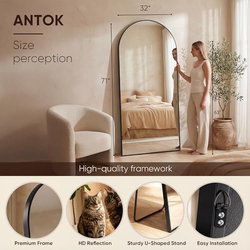 Antok 71" x32” Arched Full Length Mirror, Floor Mirror with Stand,Black