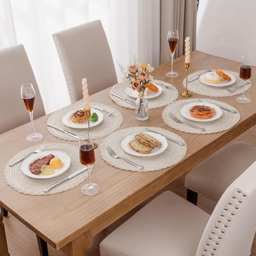 SHACOS Boho Round Placemats Set of 8 Braided Border Round Place Mats 15 inch Washable Dining Table Mats for Home Wedding Holiday Party (Ivory Bordered, 8)