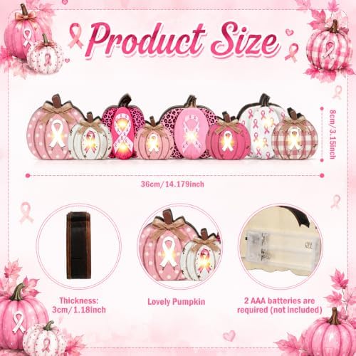 Yousoontic Breast Cancer Awareness Table Decorations, Light up 3D Wooden Pumpkin Table Centerpiece, LED Pink Ribbon Pumpkin Decor, Rustic Farmhouse Sign for Pink October Fall Mantel Desk Home Party