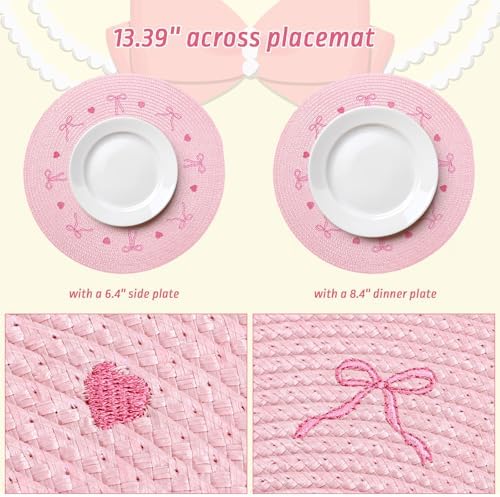 Whaline 4 Pcs Pink Bow Embroidered Placemats Round Place Mats Coquette Bow Dinner Table Mats for Home Wedding Baby Shower Birthday Party Decor