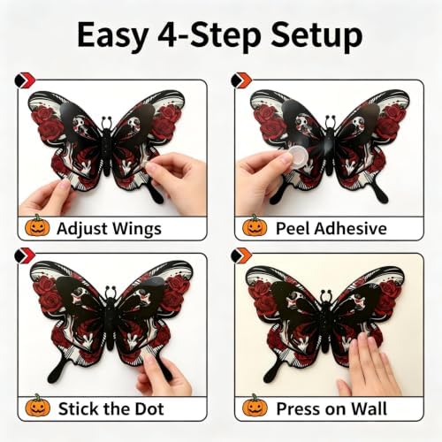 Halloween Butterfly Wall Stickers Skull Rose 3D Butterflies Wall Decoration Red Butterfly Designs Holiday Gift Decor for Party Home Office Shop Decorations Supplies-12 Pcs