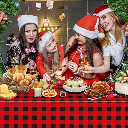 Gistome 3-Piece 54 x 108 Inch Buffalo Plaid Plastic Tablecloth - Red and Black Checkered Design, Disposable Rectangle Table Cover for Dining, Birthday, Christmas, Fall and Winter Themed Decorations