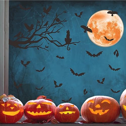 Halloween Moon Bat Wall Sticker Black Tree Branch Crow Wall Decals Clings