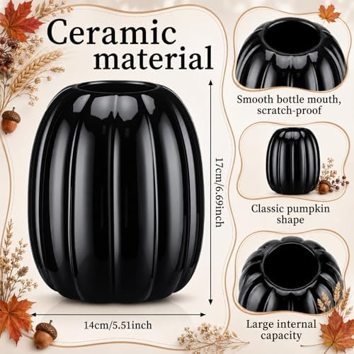 Beeveer 6.7 Inch Ceramic Pumpkin Vase, Large Black Pumpkin Utensil Holder