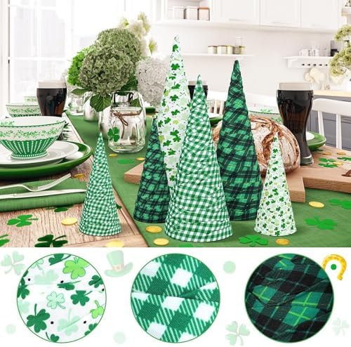 6 Pcs 12" 10" 6" St. Patrick's Day Cone Tree Centerpiece Decoration Lucky Irish Shamrock Tabletop Sign Green Shamrock Tiered Tray Table Decor for Saint Patrick Party Fireplace Home Ornament