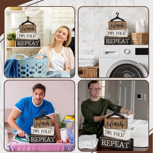 Moucuny 4 Pcs Farmhouse Laundry Room Decor Stacked Blocks Rustic Home Decor