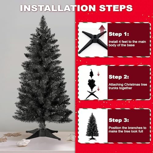 3ft Artificial Christmas Tree, Mini Xmas Pine Tree with 4-Leg Stable Plastic Base, Small Tabletop Christmas Tree for Home Office Holiday Party Indoor Decoration