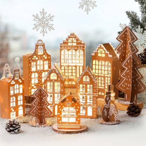 DoubleFill 11 Pcs 3D Gingerbread House Decor Christmas Village Houses Set