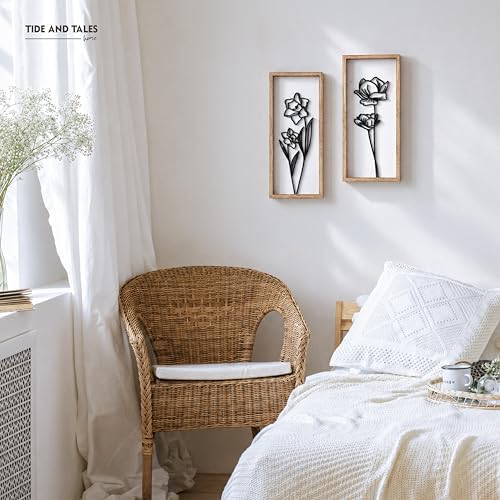3D Black and White Wall Art (Set of 2) Lightweight, Wooden Ready-to-Hang Framed Floral Wall Art for Bathroom, Bedroom