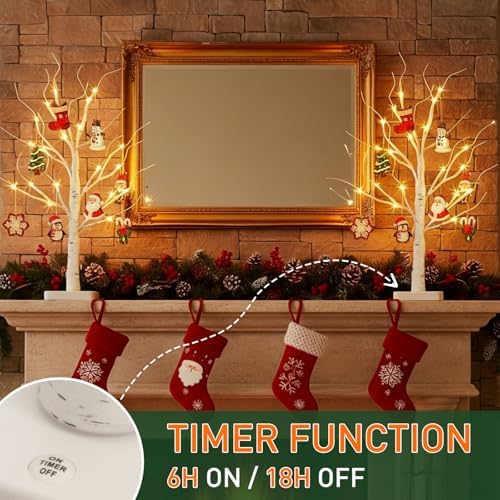 EAMBRITE Lighted Birch Tree with Ornaments, 2 Pack Small Christmas Trees