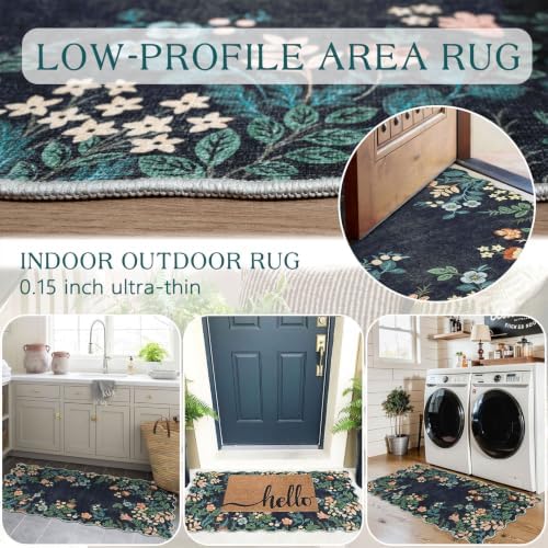 Front Door Mat Indoor Entrance - 2x4.3 Ft Dark Navy Floral Washable Layered Doormat Outdoor Entrance Porch Rug Non-Slip