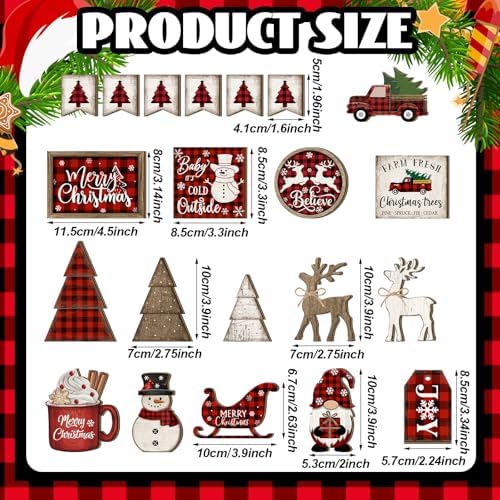 Shellwei 21 Pcs Christmas Tiered Tray Decor Set Wood Rustic Buffalo Plaid Christmas Decoration Winter Farmhouse Decor Xmas Trees Gnome Elk Snowflake Signs for Table Shelf Home Centerpiece (Plaid)