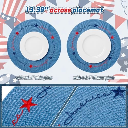 Whaline 4Pcs Round Patriotic Placemats Stars Embroidered Place Mats 4th of July Dinner Table Mats for Independence Day 250th Anniversary Home Birthday Party Decor