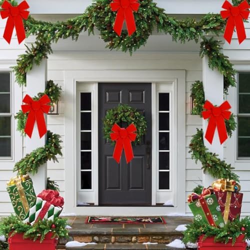 Yuubin 10 Pcs Red Bows Christmas Tree Decorations,9”x13” Large Velvet Wreath Bow with Glitter Gold Edge for Xmas Home Fence Stairs Railing Fireplace Indoor Outdoor Front Door Decor