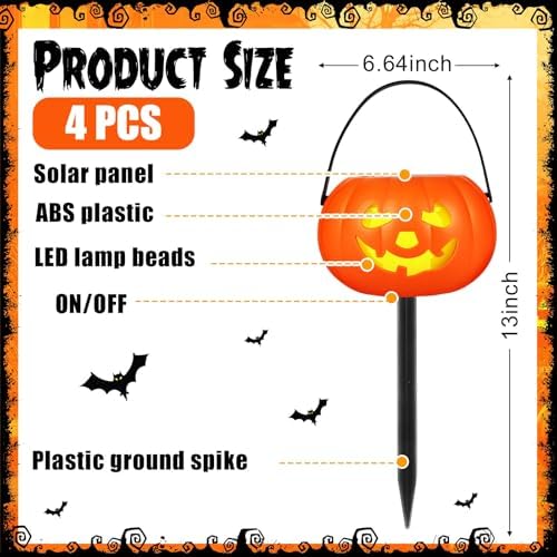 Rossesay 4 Pcs Halloween Pumpkin Pathway Markers Solar Light up Orange Jack O Lantern Stake LED Waterproof Plastic Pumpkin Light for Garden, Balcony, Yard, Lawn, Pathway, Walkway Halloween Decor