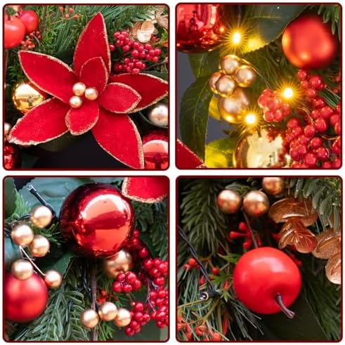 Christmas Wreaths for Front Door- 24 Inch Outdoor Prelit Christmas Door Wreath with Lights, Lighted Xmas Wreath with Poinsettia Flowers,Red Berries,Golden Ball- Home Christmas Decorations