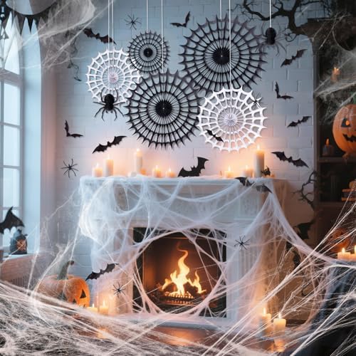 Spider Webs Halloween Decorations with 5 Black White Paper Fans, 6 Fake Spiders and 12 Bat Wall Stickers for Wall Indoor Outdoor Halloween Party Decor