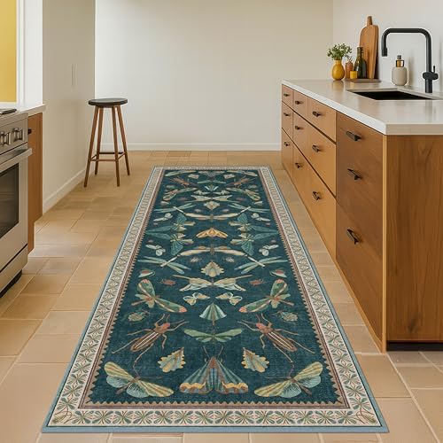 Hazo Haus Green Runner Rug 2'6"x10', Washable Boho Hallway Carpet for Kitchen & Entryway, Foldable Insect Décor Rug
