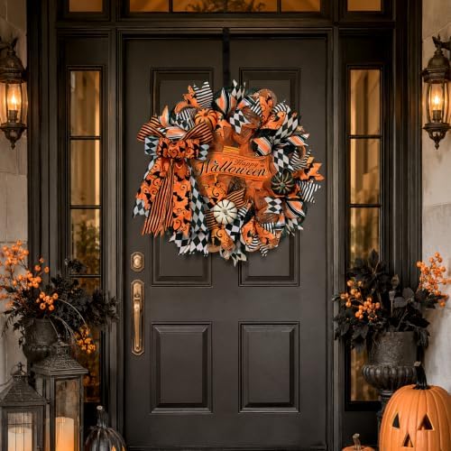 2 Pcs Halloween Wreaths for Front Door, Halloween Wreath with Ribbon Bow