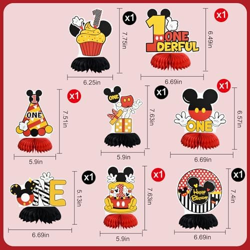 TONIFUL 1st Birthday Black Red Yellow Mouse Themed Table Centerpieces