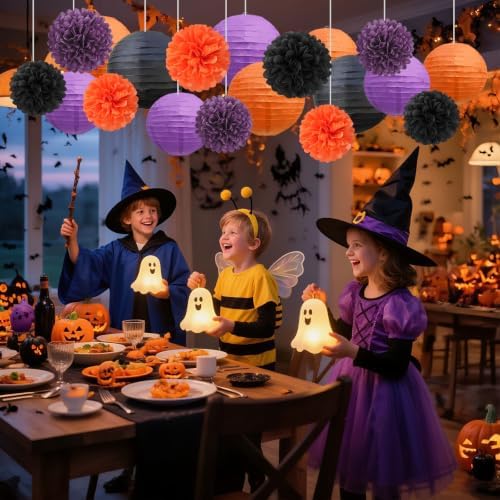 18 PCS Black Orange Purple Paper Lanterns & Tissue Paper Pom Poms for Halloween Birthday, Wedding, Hanging Paper Party Decoration Set for Indoor Outdoor Fall Celebration