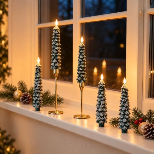 MUMCHASI 4 Pcs Flameless Taper Candles, Christmas Tree Candles with Remote, Battery Operated Candlesticks, Flickering LED Window Candlelights Real Wax Christmas Candlesticks H9.45,11.4”Green