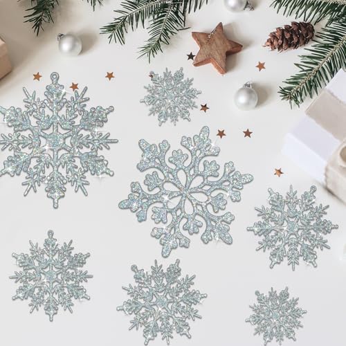 36pcs Iridescent Silver Christmas Snowflake Ornaments, Plastic Sparkling Glitter Hanging Snow Flakes for Christmas Tree Decorations Winter Wonderland Frozen Birthday Party Holiday Home Decor