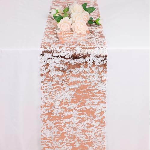 Snowkingdom Rose Gold Table Runner 11 Inch x 49 Feet Glitter Sequin Metallic Pink Thin Mesh Runner Sparkly Rose Table Decorations for Wedding, Bridal Shower, Baby Shower Birthday Party