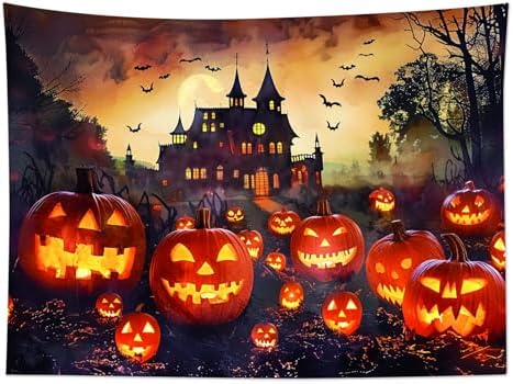 LB Halloween Tapestry Creepy Pumpkin Lantern Bat and Haunted Castle in Misty Forest Wall Tapestry for Bedroom Spooky Night Wall Hanging Tapestry Wall Art for Living Room Home Decor, 80 x 60 Inches