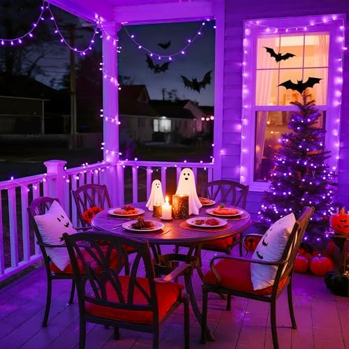 JMEXSUSS Connectable 8 Modes 100 LED Purple Halloween Lights Indoor Plug in