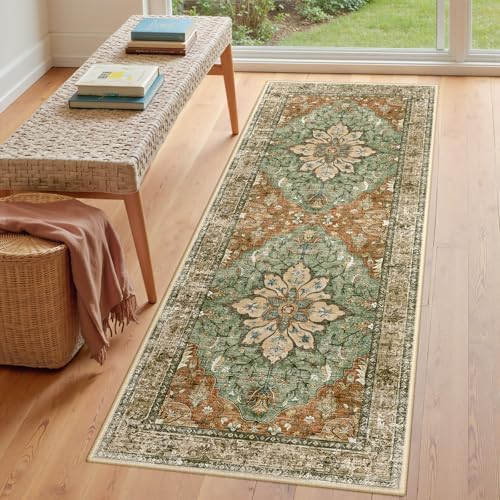 RELEANY Washable Area Rug, Runner 3'x6', Brick/Brown/Green