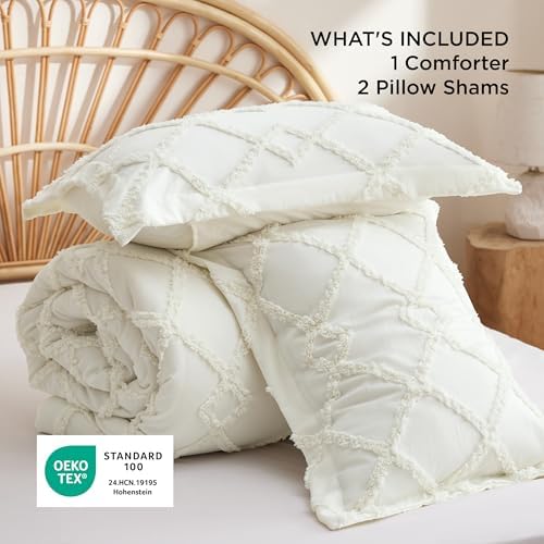 Bedsure Boho Comforter Set Queen - Ivory Tufted Queen Size Comforter, 3 Pieces Farmhouse-Style Embroidery Bed Set, Soft