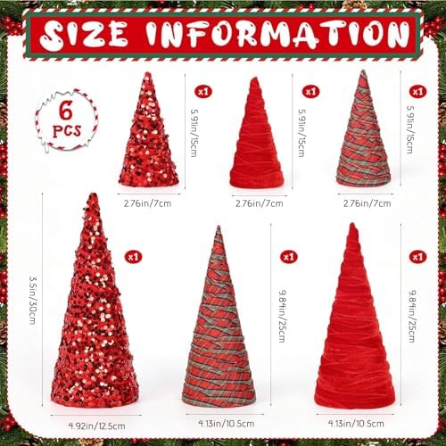 6 Pcs 12" 10" 6"Buffalo Plaid Christmas Velvet Cone Trees Decoration Christmas Glitter Tree Farmhouse Buffalo Plaid Tiered Tray Ornament for Xmas Home Holiday Entryway Tabletop Tree Centerpiece Decor