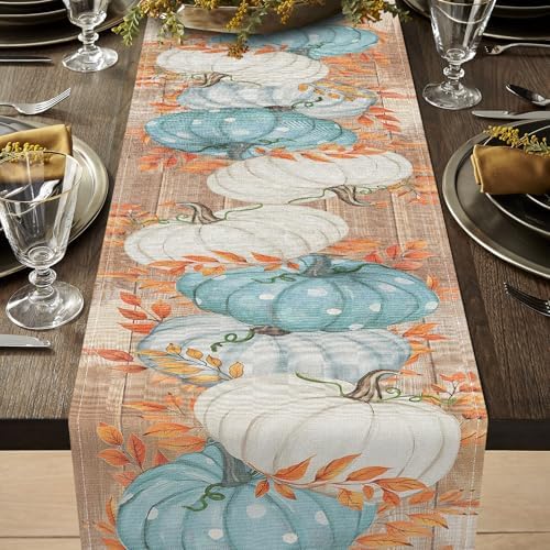 Niviy Pumpkin Leaves Thanksgiving Fall Table Runner, Autumn Table Decoration for Home Kitchen Dining Outdoor Indoor Holiday Farmhouse Decor 13 x 72 Inch