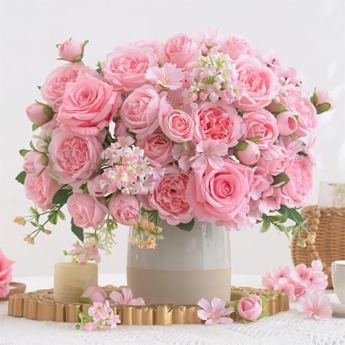 8 Pcs Mixed Artificial Peony Flowers Set-4 Bouquets & 4 Stems, Pink Fake Peony Rose Hydrangea Flowers for Vase Silk Floral Arrangements for Table Centerpiece Wedding Party Bridal Decoration Home Decor