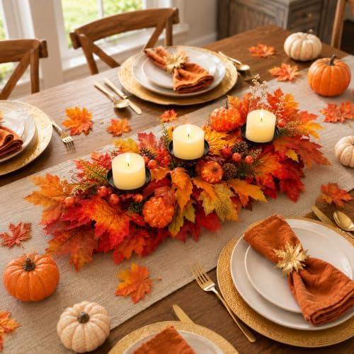 27.56" Fall Candle Holder Centerpiece, Thanksgiving Table Decor with Metal Candle Cups Large Foldable Autumn Leaves Pumpkins Candle Holder for Farmhouse Dining Table Mantel Home Party Decor