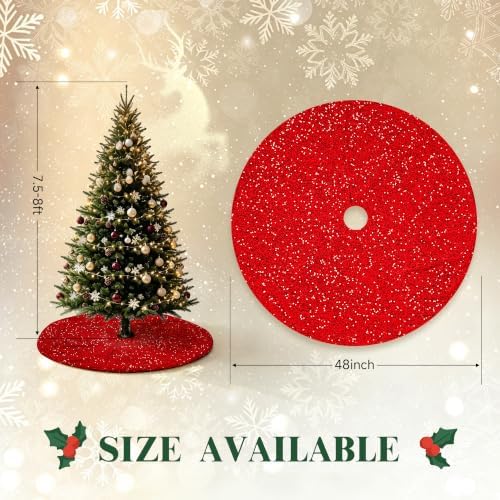 Christmas Tree Skirt 48 Inch, Red Sequin Christmas Trees Skirt, Large Sparkle Xmas Tree Stand Base Used for Christmas Holiday Indoor Home Decoration