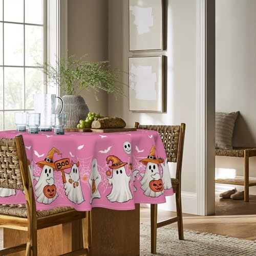 Horaldaily Halloween Tablecloth 70 x 70 Inch Round Pink Bat Ghost Pumpkin