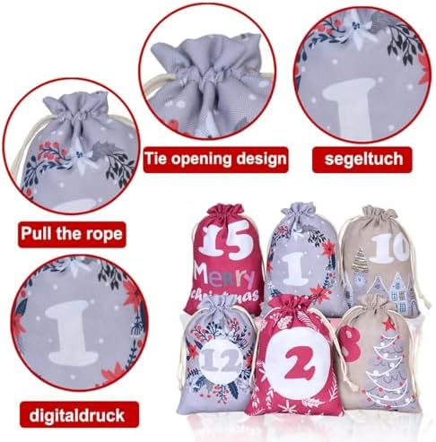 24 Pcs Christmas Advent Calendar Number Bags with Drawstring Closure, 24 Days Countdown Calendar Bags for Xmas gifts, Reusable Christmas gift Bags with Rope and Clips for Winter Holiday Party Favor (Purple)