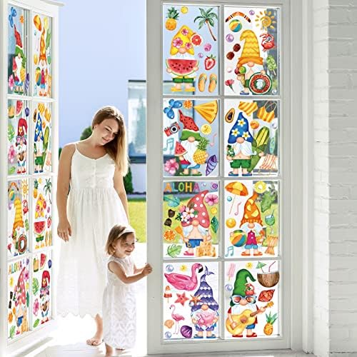 Whaline Summer Window Clings Gnomes Beach Hawaii Window Decals Tropical Fruits PVC Clings Stickers for Summer Home Room Classroom Decor Party Supplies, 9 Sheets