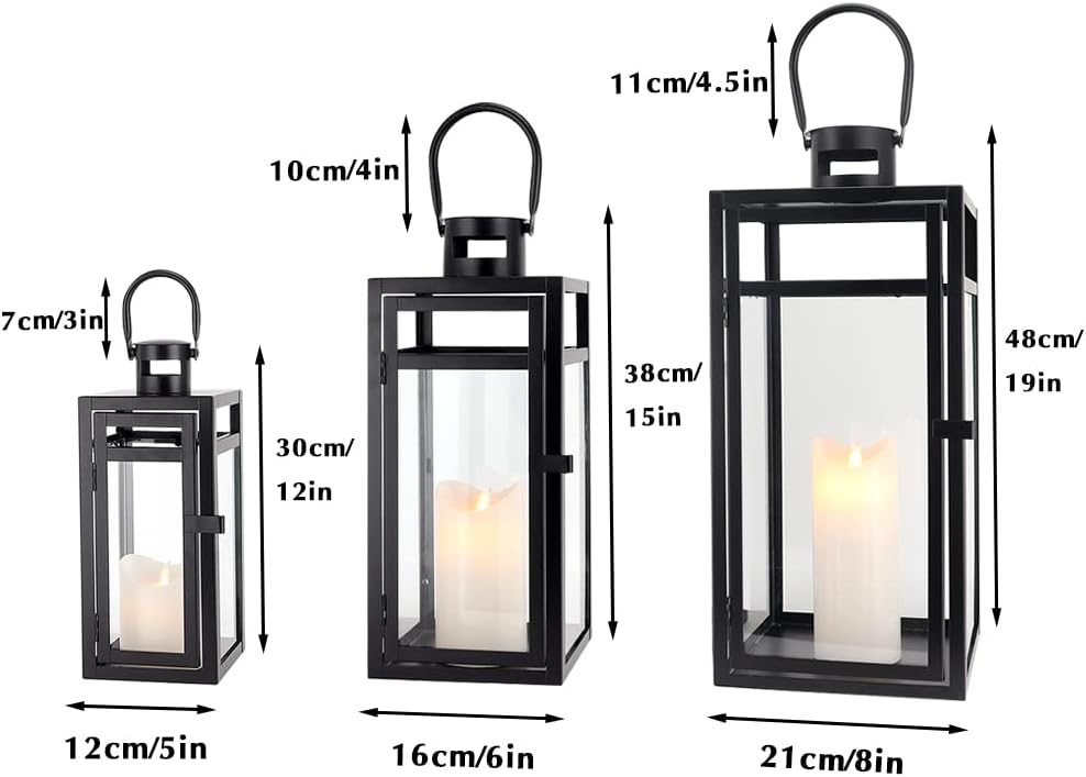 TRIROCKS Stainless Steel Lantern Set of 3 - Assorted Sizes (12/15/19 Inch) - Tall Metal Hanging Lanterns with Clear