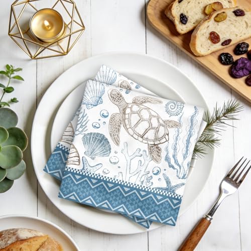 Sea Turtle Ocean Dinner Cloth Napkins Set of 4, 18 x 18 Inch Washable Reusable Fabric Napkins, Gift for Turtle Lovers, Beach House Summer Party Coastal Table Decor