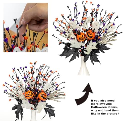 VioletEverGarden 10 Pack Halloween Stems 17 Inch Halloween Floral Picks 3 Styles Berry Branches with Pumpkin Skeleton and Ghost for Gothic Holidays Celebration